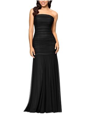 AQUA Pleated Strapless Drop Waist Long Dress